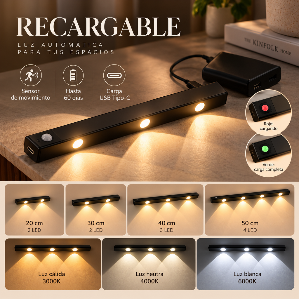Luz LED Recargable con Sensor de Movimiento